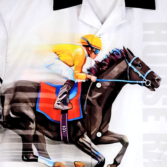 Kentucky Derby Horse Racing 3D Screen Printed Short Sleeve ButtonUp Mens Large - Picture 2 of 11